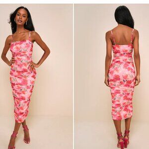Lulus Pink Floral Mesh Ruched Midi Dress | NWT |  Size M